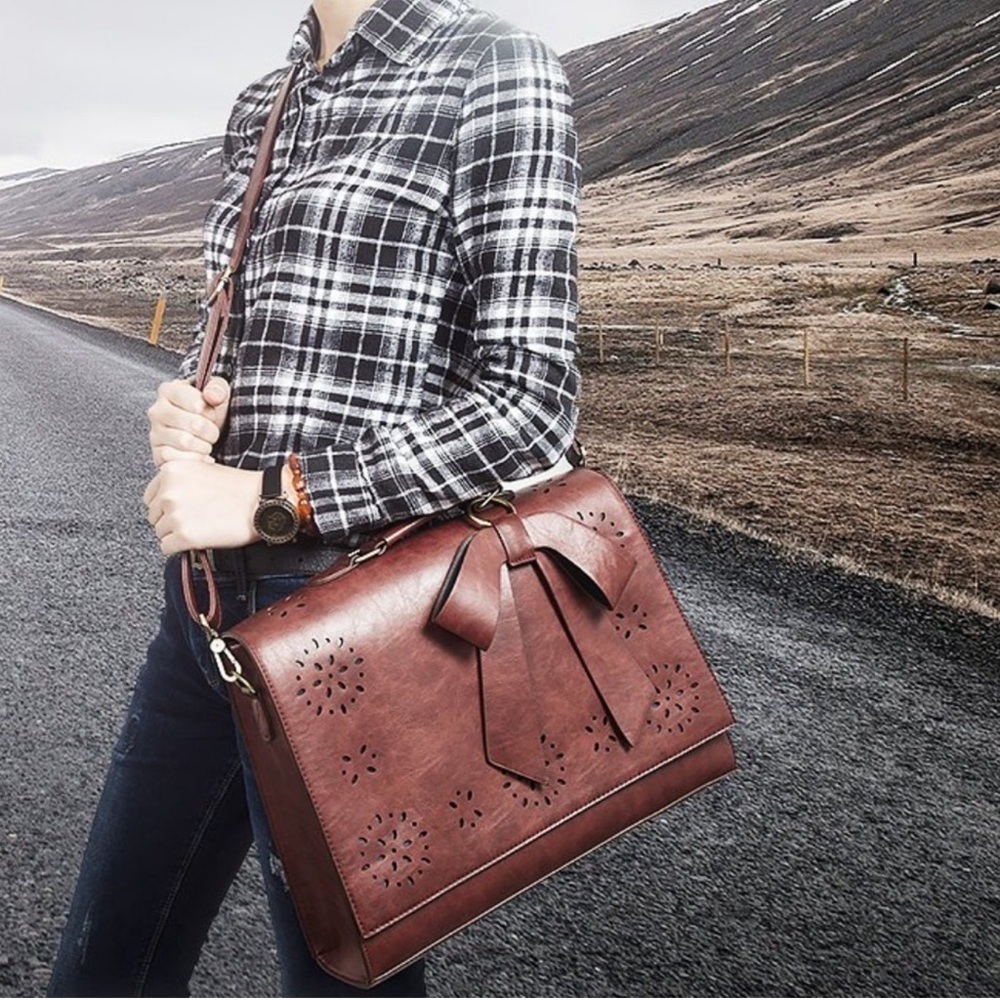 Ecosusi Leather Laptop Messenger Bag Briefcase Satchel Work Brown Bow